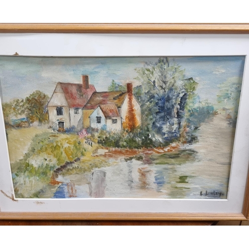 599 - Three early contemporary Pictures to include an Oil on Board of a house signed L Locksley, a Pastel ... 