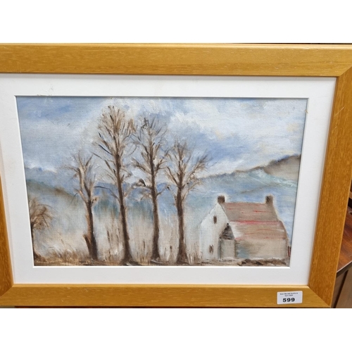 599 - Three early contemporary Pictures to include an Oil on Board of a house signed L Locksley, a Pastel ... 