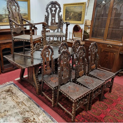 653 - A 20th Century Hardwood Dining room suite consisting of a pull out Table with two leaves H 77 x D 92... 