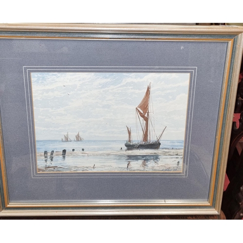 654 - A 20th Century Watercolour of moored ships with ships in the distance. Indistinctly signed LR. 25 x ... 