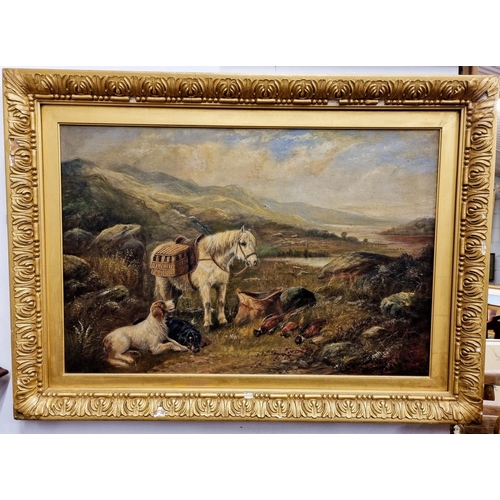 656 - Robert Cleminson. A 19th Century Oil on Canvas of a hunting scene with two retrievers sitting and a ... 
