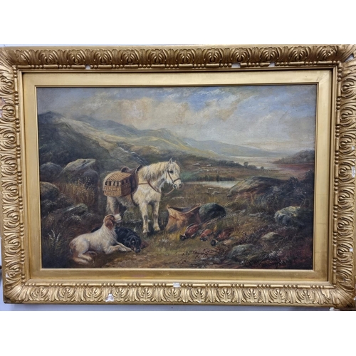 656 - Robert Cleminson. A 19th Century Oil on Canvas of a hunting scene with two retrievers sitting and a ... 