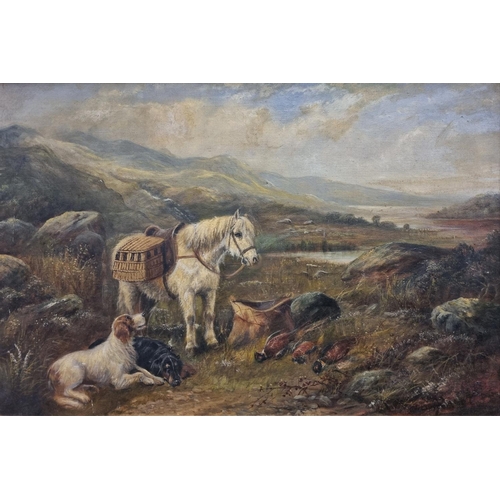 656 - Robert Cleminson. A 19th Century Oil on Canvas of a hunting scene with two retrievers sitting and a ... 