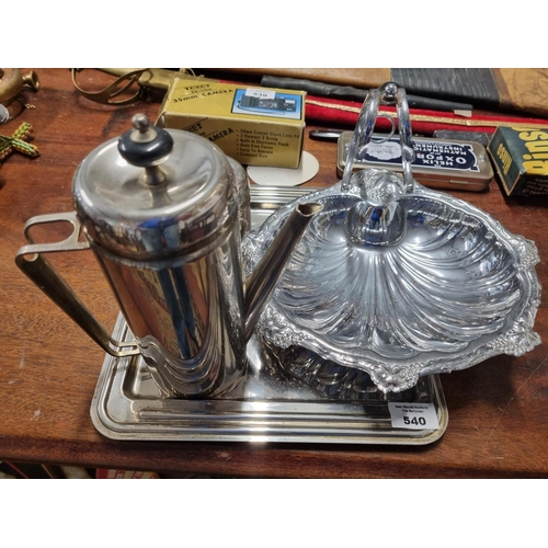 74 - A Coffee Pot, Milk Jug, Pot with lid and Tray with a Silver Plated Platter.