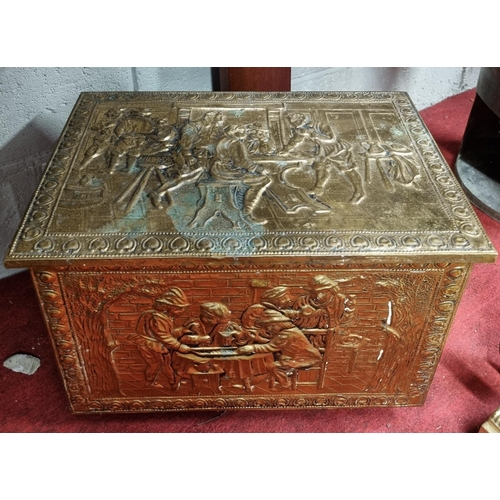 102 - A 19th Century Brass Fender along with fire irons and a bin. H 19 x L 133 x W 38 cm approx.