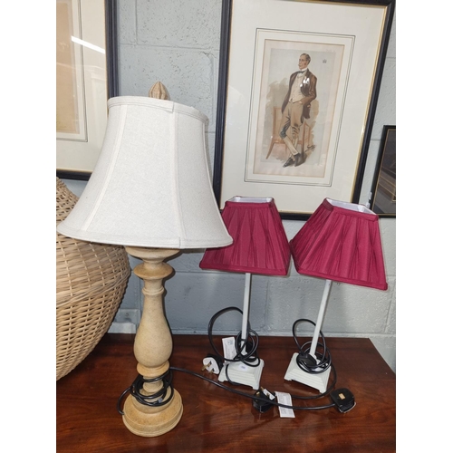 132 - A pair of painted Table Lamps along with a bulbous table lamp. H 36 cm approx.