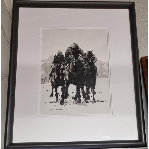 138 - E J Keenan. A Pen and Ink Drawing of horses in full flight. Signed LL. In an ebonised frame.