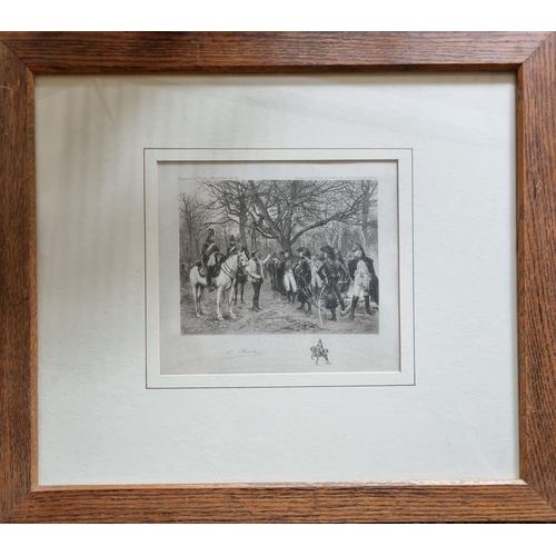 82 - Two 19th Century, possibly earlier, Engravings after J Raul of military scenes. H 22 x 24 cm approx.