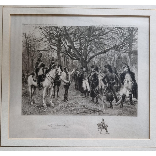 82 - Two 19th Century, possibly earlier, Engravings after J Raul of military scenes. H 22 x 24 cm approx.