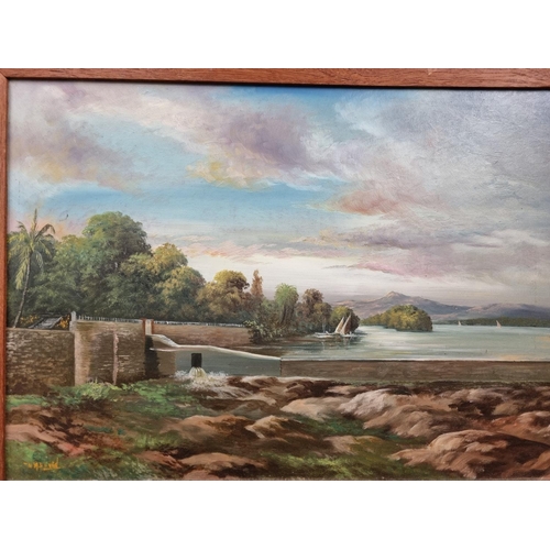 761 - A 20th Century Oil on Board of a lake scene and a viaduct. Signed N A David LL. 35 x 50 cm approx.