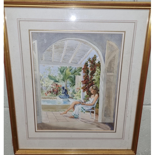 770 - A 20th Century Watercolour of a girl relaxing beside a pool. Monogrammed MM. LL. 37 x 29 cm approx.