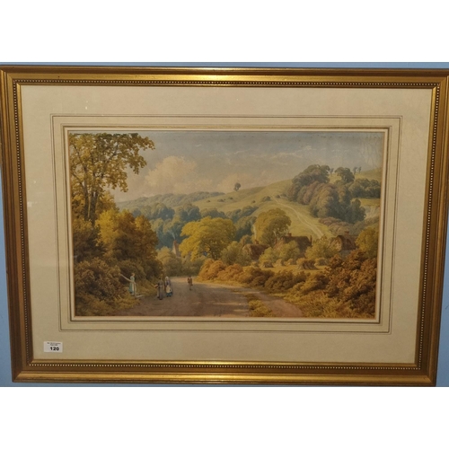A 19th Century Watercolour of a group of people walking down a path attributed to Harry Sutton Palmer. No apparent signature. Well framed. H 55 x W 35 cm approx.