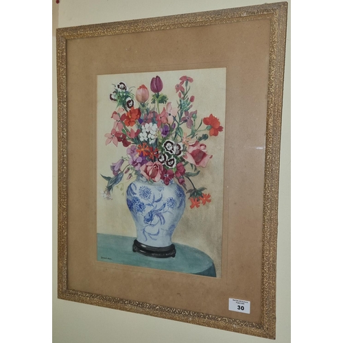 30 - An early 20th Century Watercolour of flowers in a vase by Dorcie Sykes. Signed LL. H 34  x W 24 cm a... 