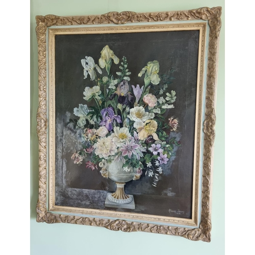 79 - A beautiful pair of 20th Century Oil on Canvas of flowers in a bowl in a classical setting by Alison... 