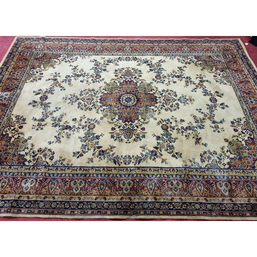 838 - A yellow ground Carpet with foliate decoration, stepped border, 362cm x 275cm. Slight staining.