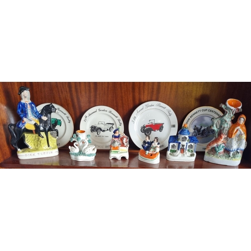 136 - A group of six 19th Century and earlier Staffordshire Figures on one shelf to include Dick Turpin. T... 