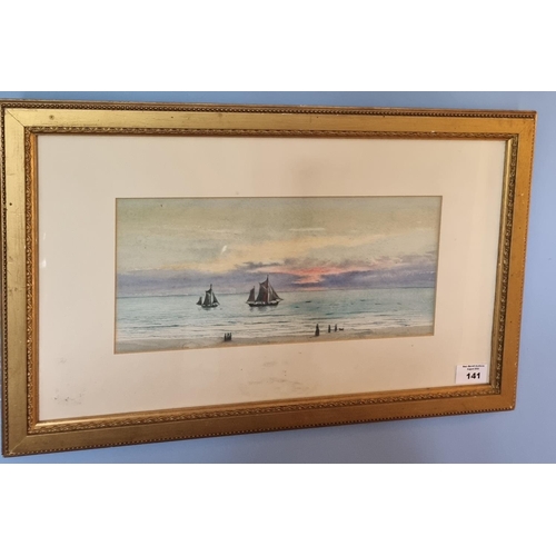 141 - A 20th Century Watercolour Twilight, by O Tankerville of people walking by the sea with ships in ful... 
