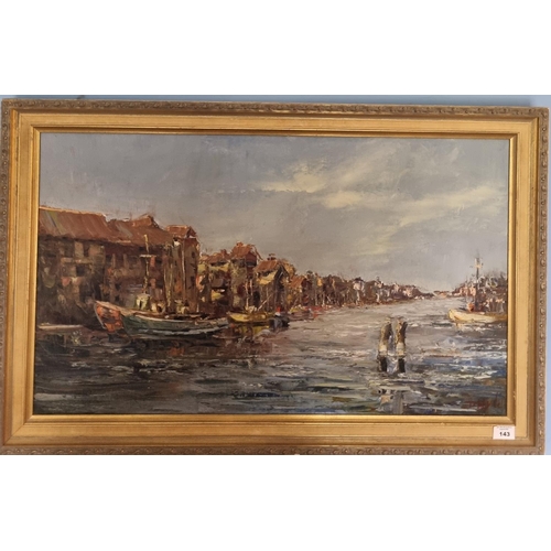 143 - A 20th Century Oil on Canvas of Ships in the harbour by David Hyde. Signed LR.  44 x 75 cm approx.