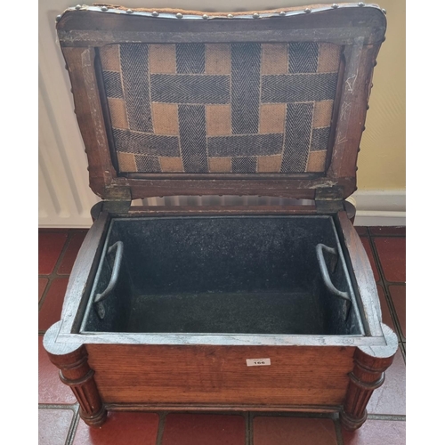 166 - A 19th Century Oak Bin with lift up lid and leather seat. H 30 x L 50 x W 35 cm approx.
