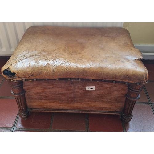 166 - A 19th Century Oak Bin with lift up lid and leather seat. H 30 x L 50 x W 35 cm approx.