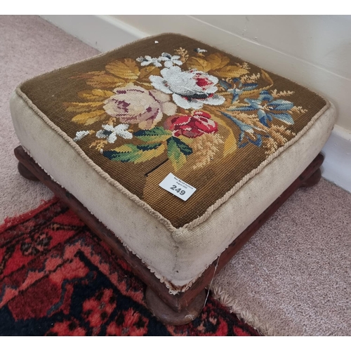 249 - A 19th Century square Stool with needlework upholstered top. H 16 x 36 x 36 cm approx.