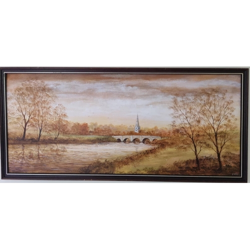 254 - A 20th Century Oil on Board of a River and Bridge with  Church in the distance signed J Ray. 45 x 10... 