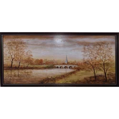 254 - A 20th Century Oil on Board of a River and Bridge with  Church in the distance signed J Ray. 45 x 10... 