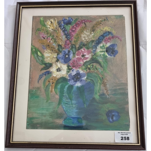 258 - A 20th Century Oil on Paper, still life of Flowers in a Vase, indistinct signed Joyce Kemmy lower mi... 