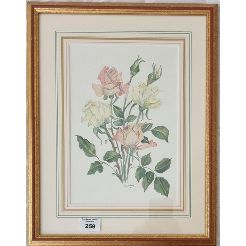 259 - A 20th Century Watercolour, still life of Roses by Joyce Pemberton lower middle. 26 x 19 cm approx.