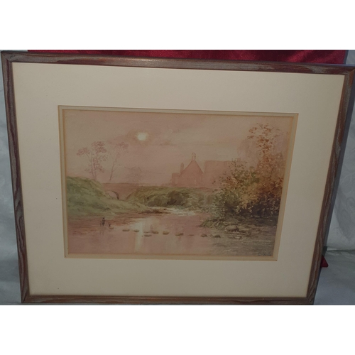 62 - A 20th Century Watercolour of people walking across a river with houses and bridge in the distance. ... 