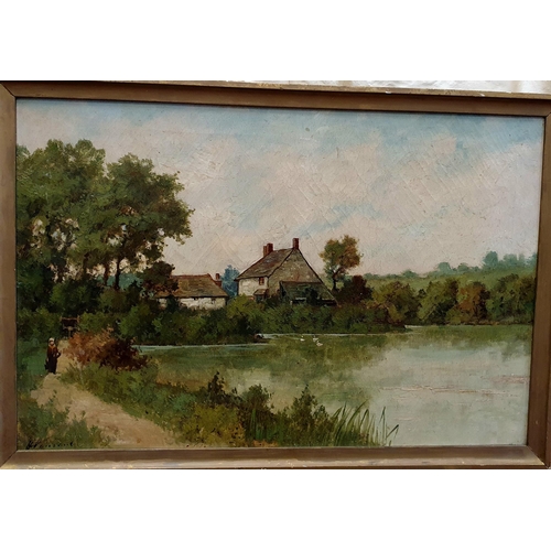84 - A late 19th early 20th Century Oil on Canvas of a Woman walking down a path beside a lake with a hou... 
