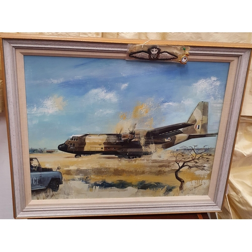 85 - Jon Brookes. A 20th Century Oil on Canvas of an RAF cargo plane landing in the desert with RAF badge... 