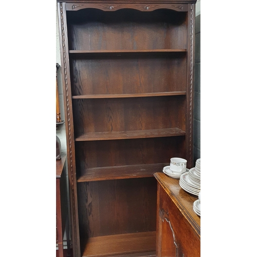 91 - An Oak and Veneered open Bookshelves. W 93 x D 30 x H 199 cms approx.
