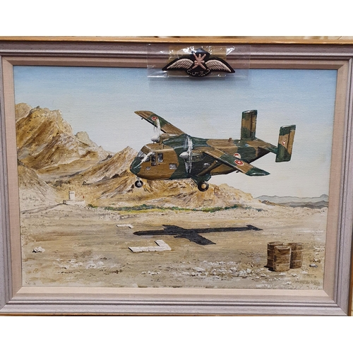 112 - A 20th Century Oil on Canvas of a cargo plane landing in the desert. Signed Fraser LL. With a set of... 