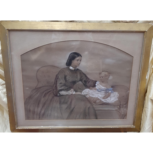 125 - A 19th Century Pencil Drawing highlighted in Pastel of a Woman and her child. Signed C Winters and d... 