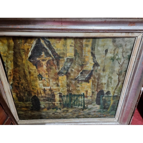 128 - Oil on canvas of a impressionist style church and street scene, possibly french school signed R De C... 
