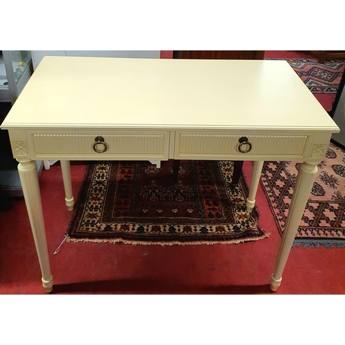 157 - A modern painted two drawer Side Table on turned supports. W 93 x D 48 x H 76 cms approx.