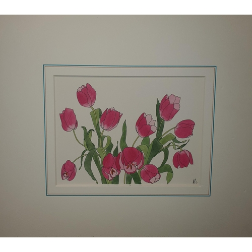 201 - A 20th Century unframed Watercolour of Tulips. Signed MO LR. 16 x 21 cms approx.