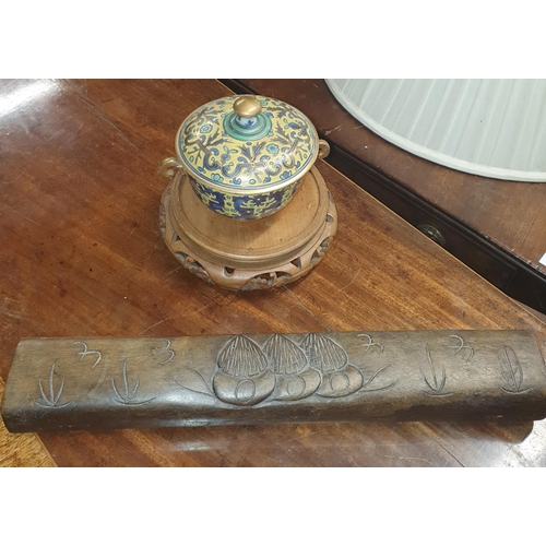 221 - A 19th/20th Century hand painted Pot along with an African game and an Oriental urn stand.