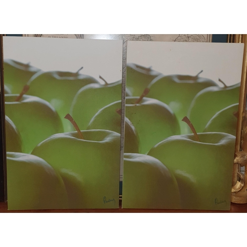 795 - A pair of Photographic Prints laid on canvas of apples. Signed Pauline. H 51 x 33 cm approx.  ( Bart... 