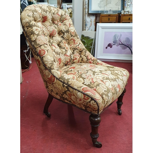 830 - A good 19th Century Salon Chair with tapestry style upholstery on turned supports with brass castors... 