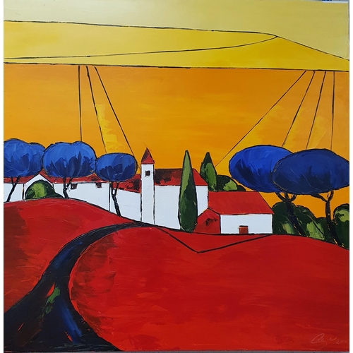 832 - A contemporary Oil on Canvas of a village scene. Signed indistinctly LR. 100 x 100 cm approx.  ( Bar... 