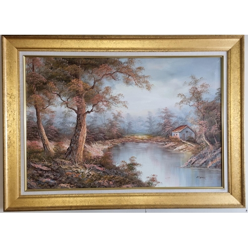 17 - A large Oil on Canvas of a lake scene with house and trees to the fore. Signed R Cafoer LR in a good... 