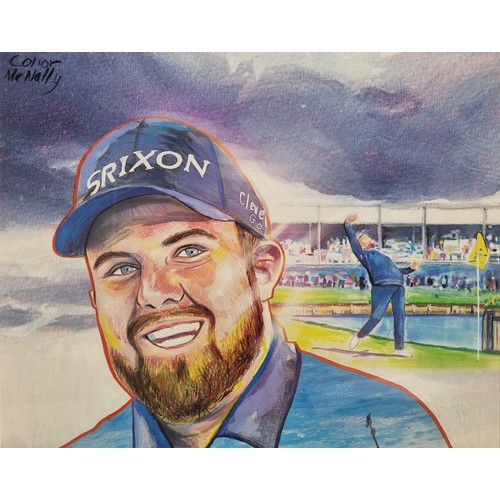 A Mixed Media Picture depicting Shane Lowry's Hole in 1 at Sawgrass. By Conor McNally with original signature by Shane. 
Shane Lowry does it again. It put a smile back on our faces after his successful
win at Wentworth. It was great to see him back on form and claim a well-
deserved win.
That winning smile has been captured by talented Offaly artist, Conor Mc
Nally. Conor was asked to do a painting of Lowry hitting his “Hole in One” in
Sawgrass, as a fund raiser for a local support group in Geashill. They expected
him to do a quick caricature. Instead, he produced this one off digital painting
capturing Shane Lowry’s winning smile and simultaneously achieving his hole
in one. It is an unusual painting as it has so much information from the
achievement of the day, and still you come back to that familiar Shane smile.
Shane signed the painting, and it is now for auction. The painting is available to
see in the Bridge Centre, Tullamore until Sunday 30 th October. The auction is
on-line. Interested parties can submit their bid and can follow the progress of
the auction on www.seaneacrettauctions.ie or easyliveauction.com
Conor is a young animator, who has worked on various projects in Birr and
Belfast and has had a short film shown in Italy this summer. While animation is
his field, this was the first time he attempted a painting of this style, and the
first time he has recorded a famous person. He didn’t disappoint and can now
add this to his range of work. Hopefully we will be hearing more about him in
the future.
He is giving the proceeds from the auction to The Geashill Ukrainian Support
group, who together with Geashill village and wider area have provided three
families with a home and independence. The families can get some normality
back into their lives. It is very difficult for the families who thought they would
be returning to the Ukraine after six months and they are very grateful for the
homes. The committee recognises that this war could last two to three years
and is very grateful to Conor and Shane for contributing this signed picture to
auction. This allows the committee to sustain the families over their stay.
They started the project in March and managed to fundraise a considerable
sum of money to fund three mobile homes, situated on land donated by local
woman, Bernie O Sullivan.