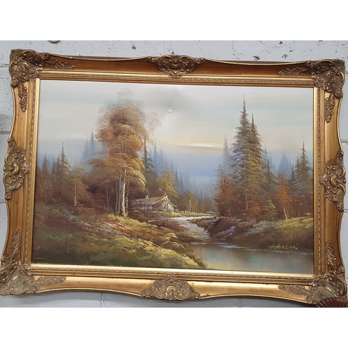 67 - A large Oil On Canvas of a river and forest  scene with a house in the distance. Signed G. Henson LR... 