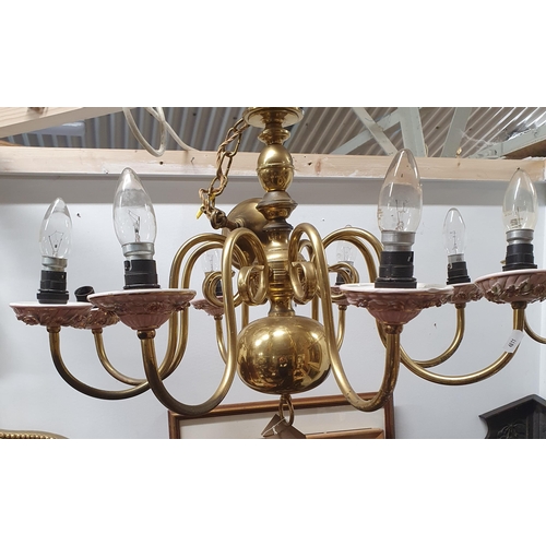 474 - An Eight branch Brass Chandelier along with two ceramic drip trays and two single branch Wall Lights... 