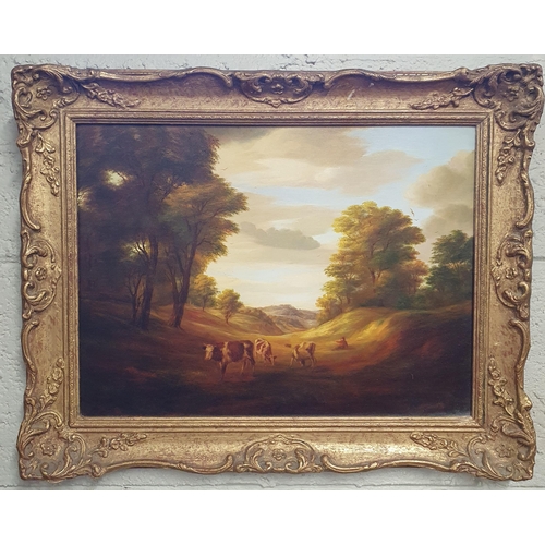 526 - A good pair of Oils on Board of country scenes with cattle in good gilt frames. 30 x 40 cm approx.