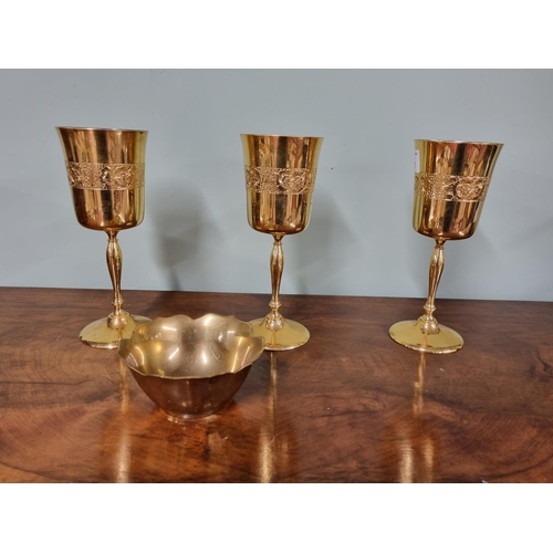 1027 - Three very heavy Brass Church Goblets along with a Brass Bowl.