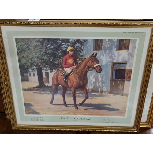 1043 - Three good coloured Prints of Red Rum some signed along with three racing photographic Prints.