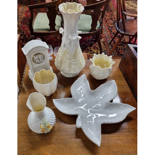 1046 - A good group of Belleek along with a stoneware leaf centre Tray.